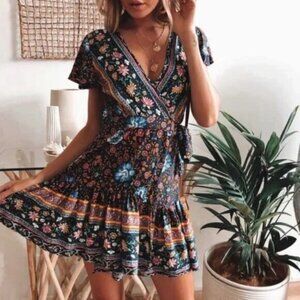 Boho Navy Blue Floral Print Wrap Mini Dress